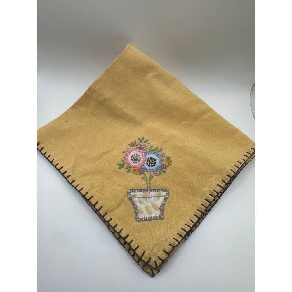 Vintage Hand Embroidered Floral Linen Napkin Mustard Yellow Whipstitch Edge